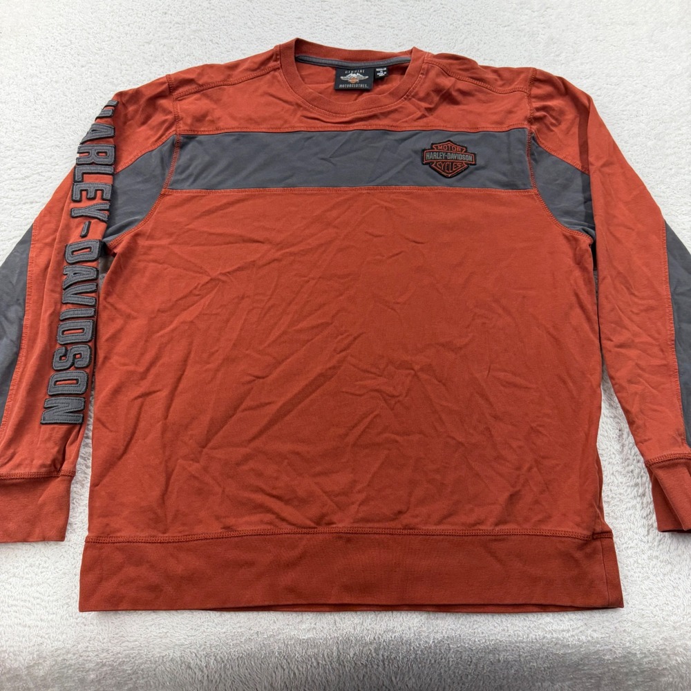Harley Davidson Motorclothes Men XL Long Sleeve Sweatshirt Orange Grey Biker Tee